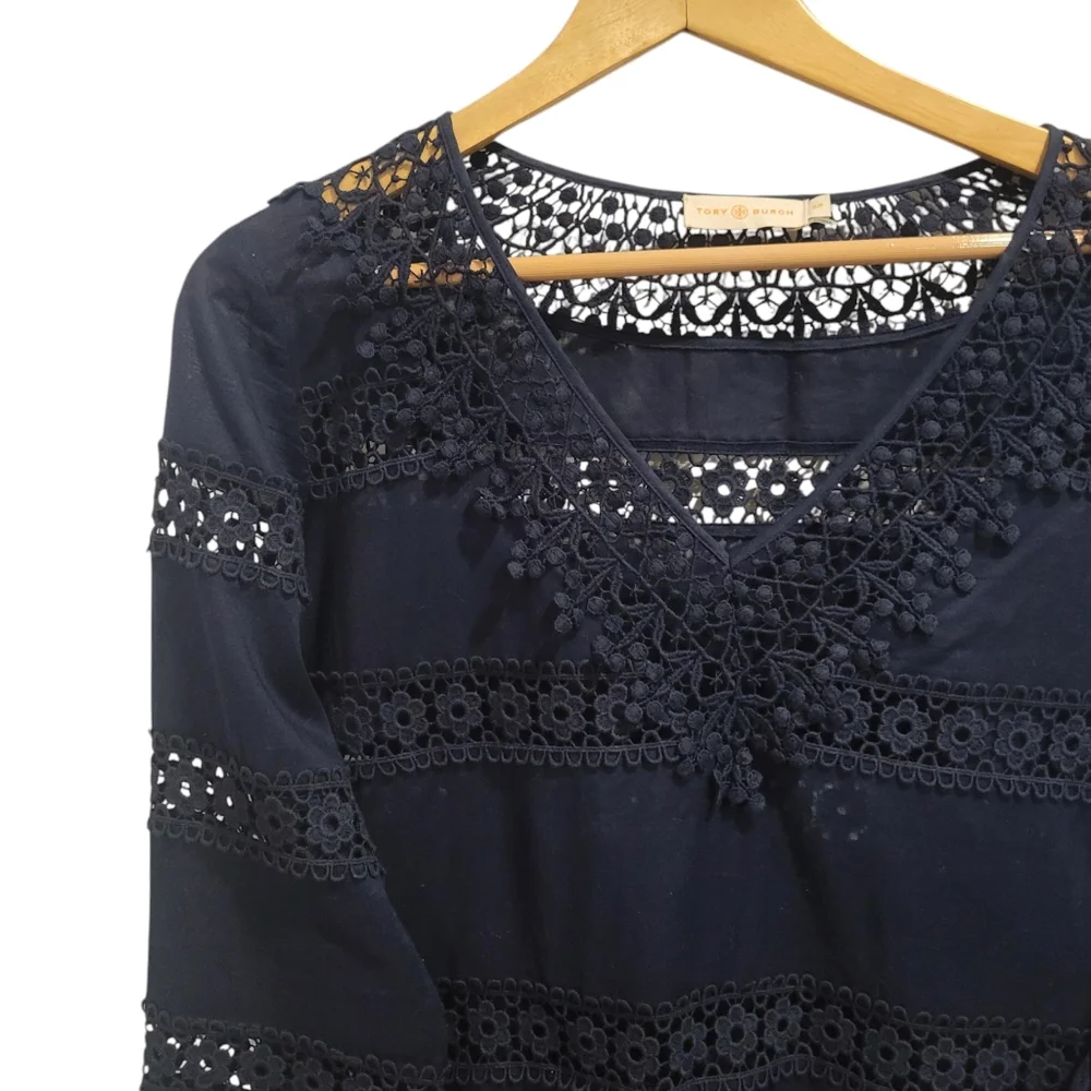 Tory Burch semi-sheer crochet navy blue cover-up/ mini dress women's size S